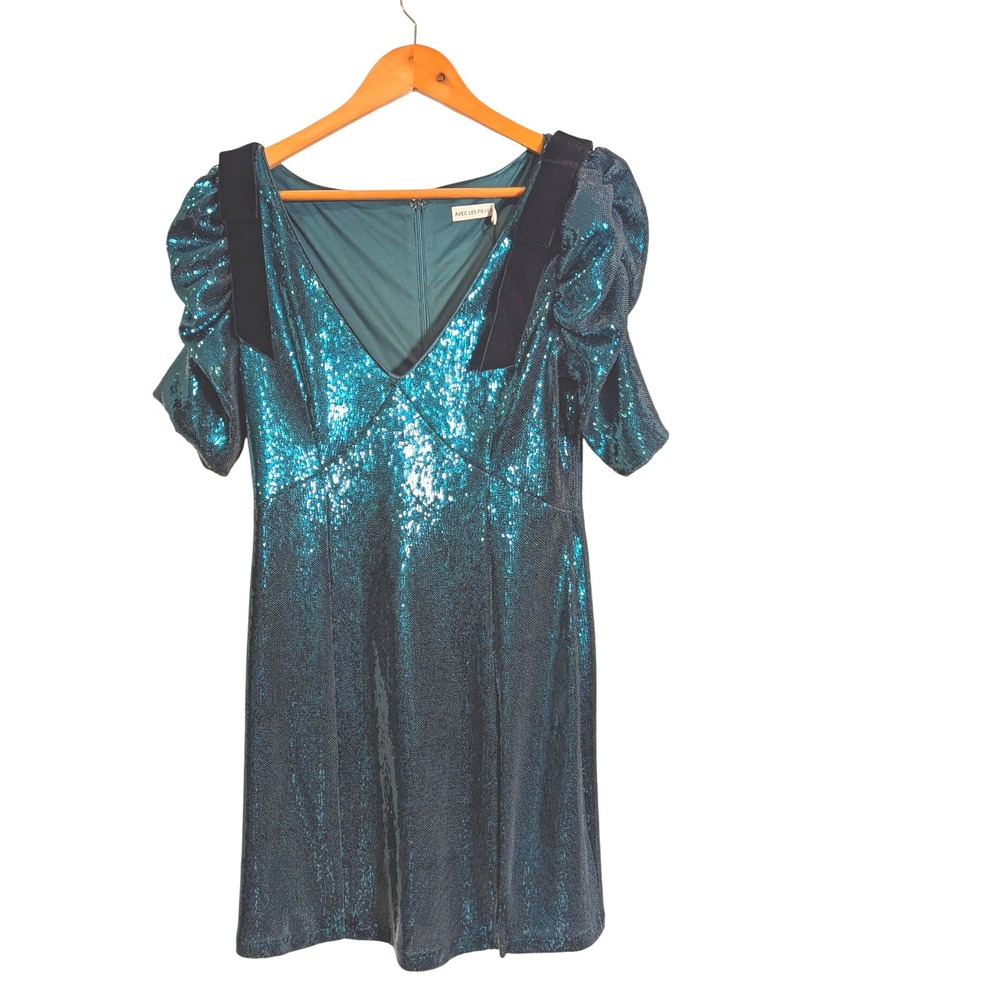 Avec Les Filles Teal Sequin Puff Sleeve Mini Dress
